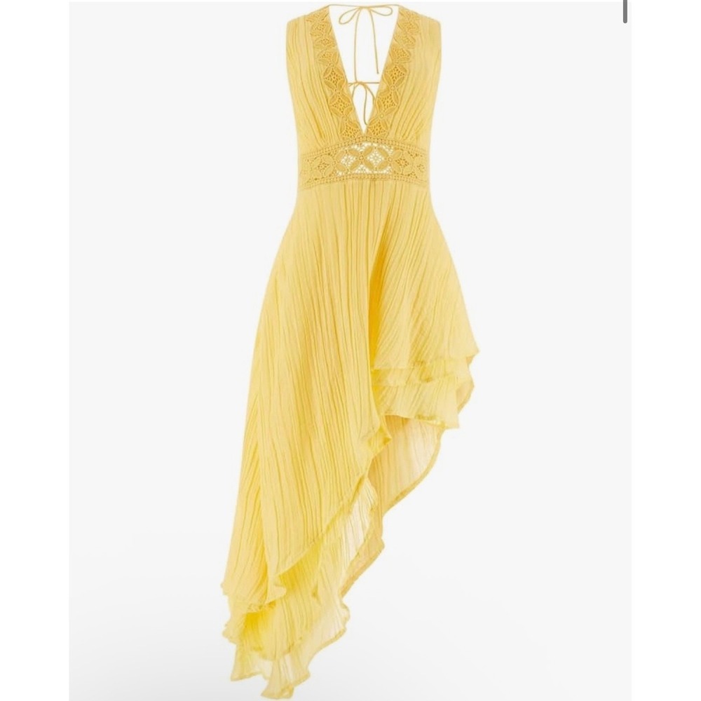 GUESS Raise Sun Yellow SL Danny Dress XL Crochet Lace Asymmetrical High-Low Eco